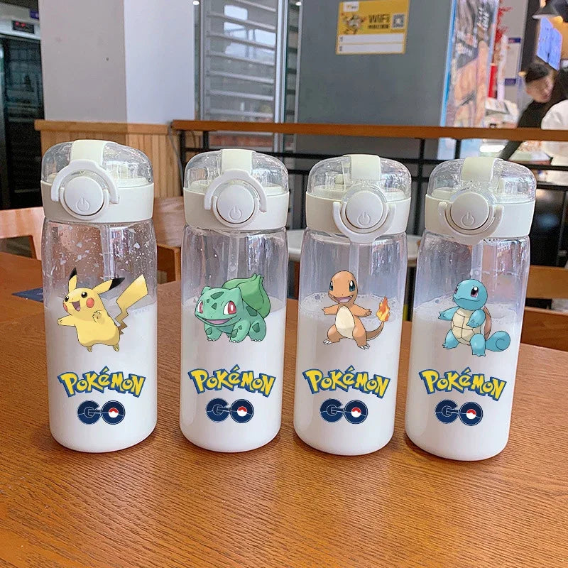 400ML/600ML Pokemon Anime Pikachu Charmander Kid Straws Water Cup Portable Outdoor Sports Camping Fitness Plastic Water Bottle