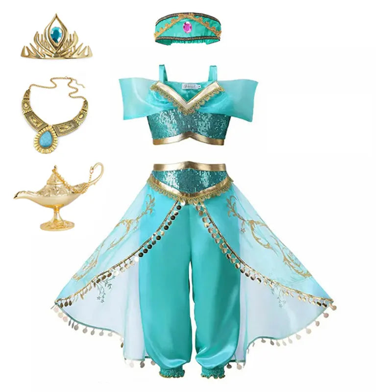 Disney Jasmine Princess Dress of Birthday Party Carnival Cosplay Aladdin Agic Lamp Girls Costume Vestidos Halloween Clothing Set