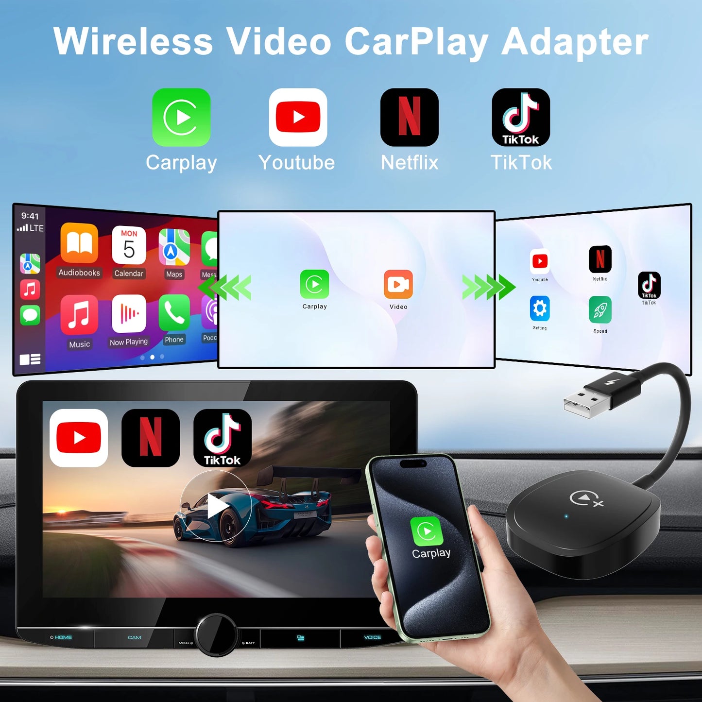 Carplay wireless adapter With youtube Netflix Tiktok apple carplay USB dongle converter support online update just plug and play