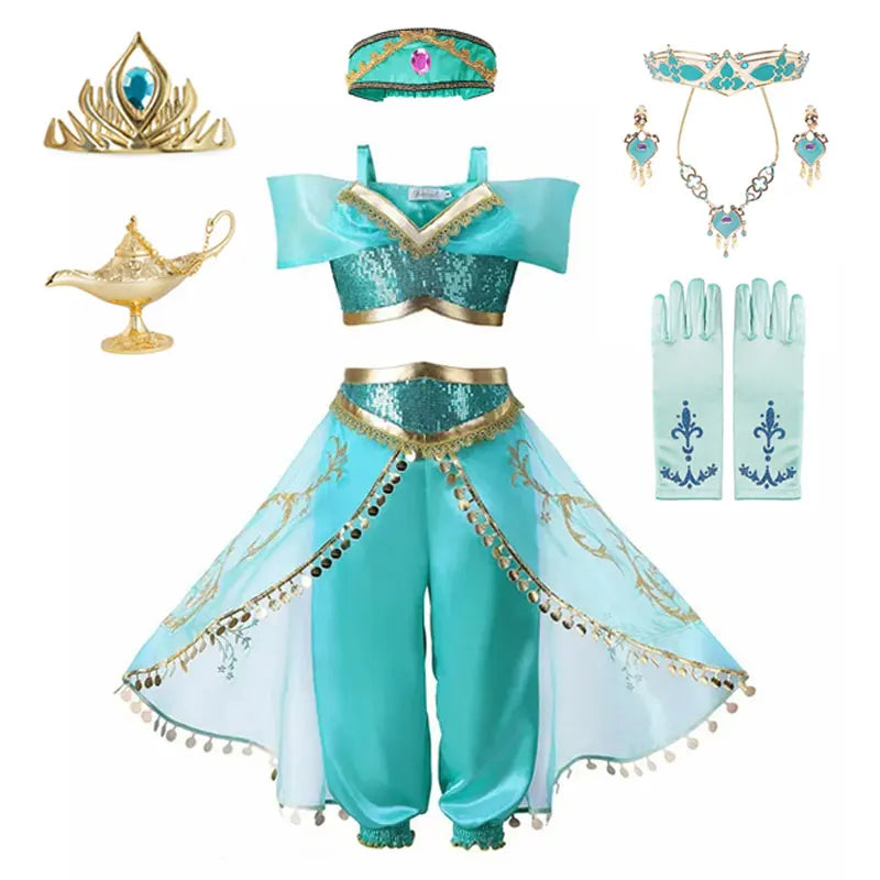 Disney Jasmine Princess Dress of Birthday Party Carnival Cosplay Aladdin Agic Lamp Girls Costume Vestidos Halloween Clothing Set