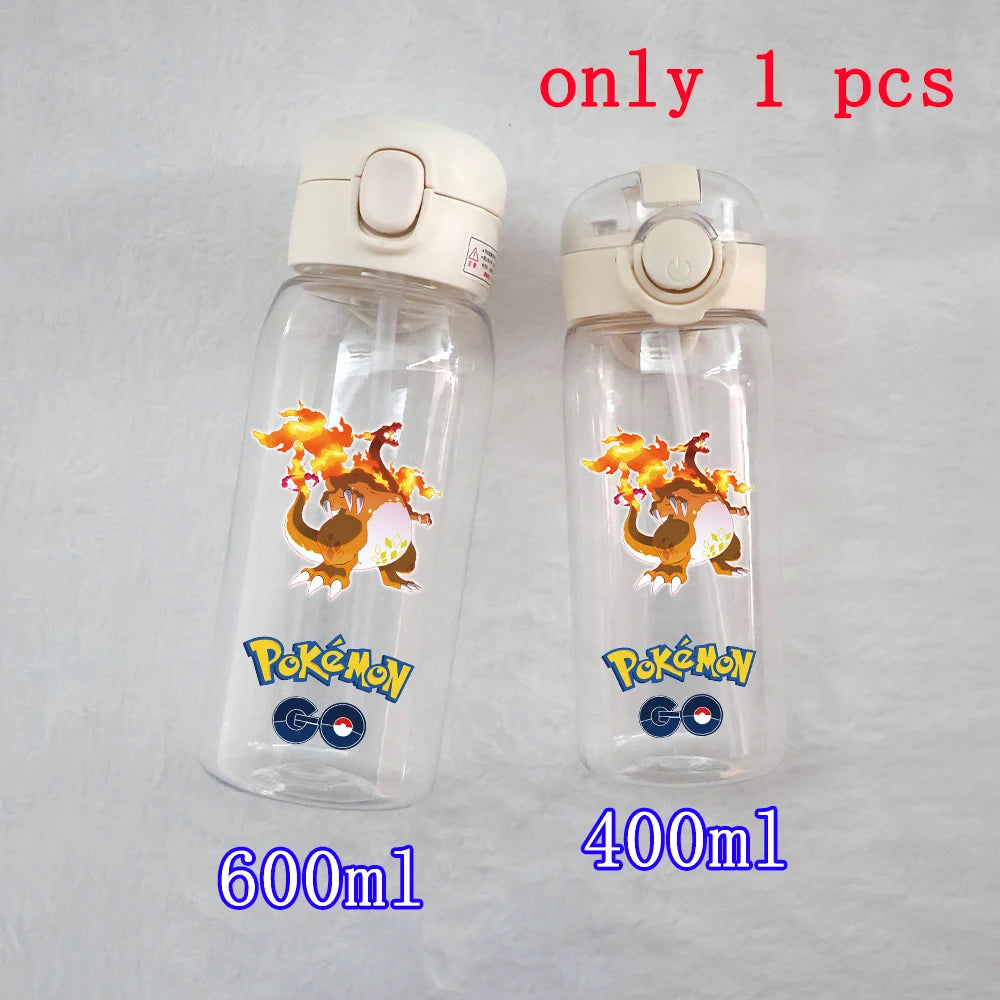 400ML/600ML Pokemon Anime Pikachu Charmander Kid Straws Water Cup Portable Outdoor Sports Camping Fitness Plastic Water Bottle