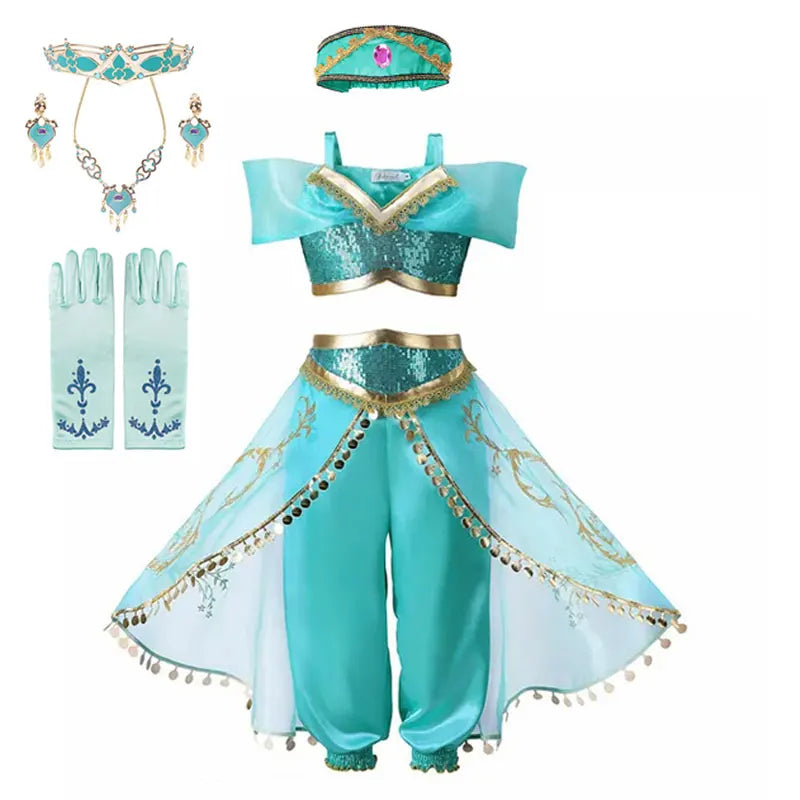 Disney Jasmine Princess Dress of Birthday Party Carnival Cosplay Aladdin Agic Lamp Girls Costume Vestidos Halloween Clothing Set