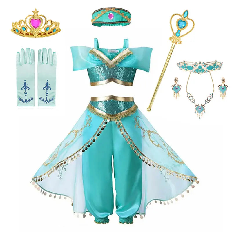 Disney Jasmine Princess Dress of Birthday Party Carnival Cosplay Aladdin Agic Lamp Girls Costume Vestidos Halloween Clothing Set