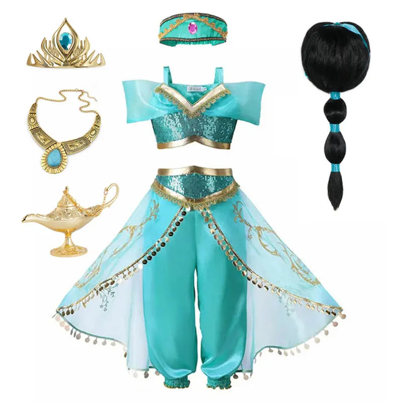 Disney Jasmine Princess Dress of Birthday Party Carnival Cosplay Aladdin Agic Lamp Girls Costume Vestidos Halloween Clothing Set