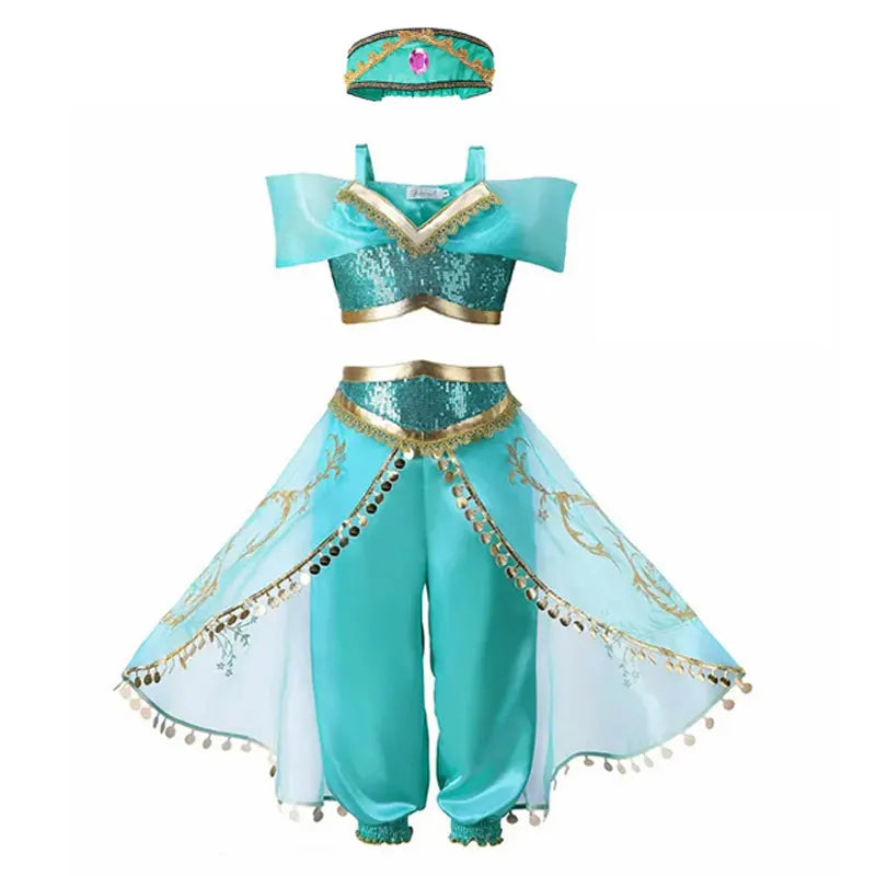 Disney Jasmine Princess Dress of Birthday Party Carnival Cosplay Aladdin Agic Lamp Girls Costume Vestidos Halloween Clothing Set