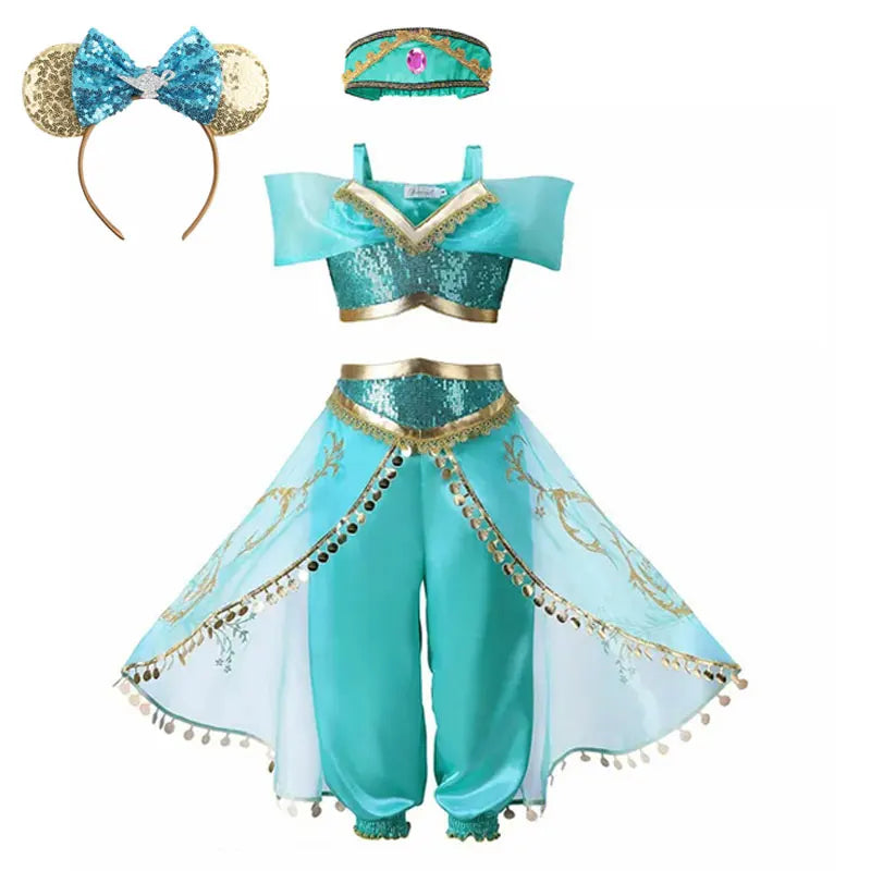 Disney Jasmine Princess Dress of Birthday Party Carnival Cosplay Aladdin Agic Lamp Girls Costume Vestidos Halloween Clothing Set